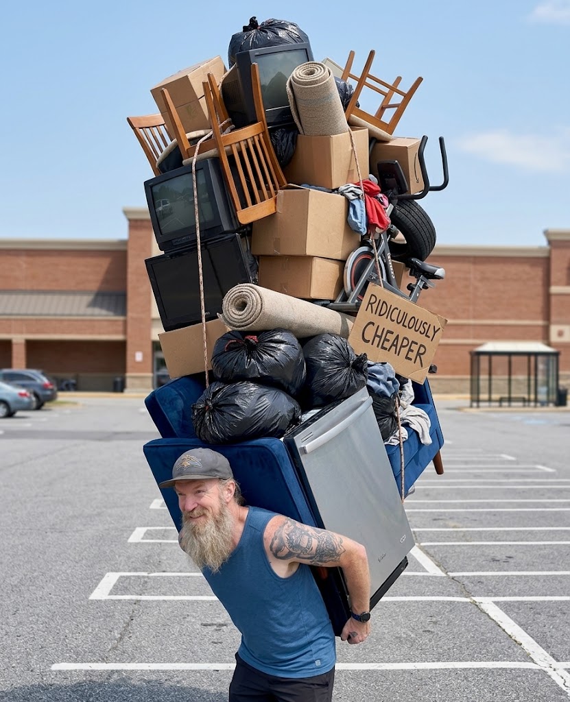 JC carrying a ridiculously overloaded pile of junk on his back